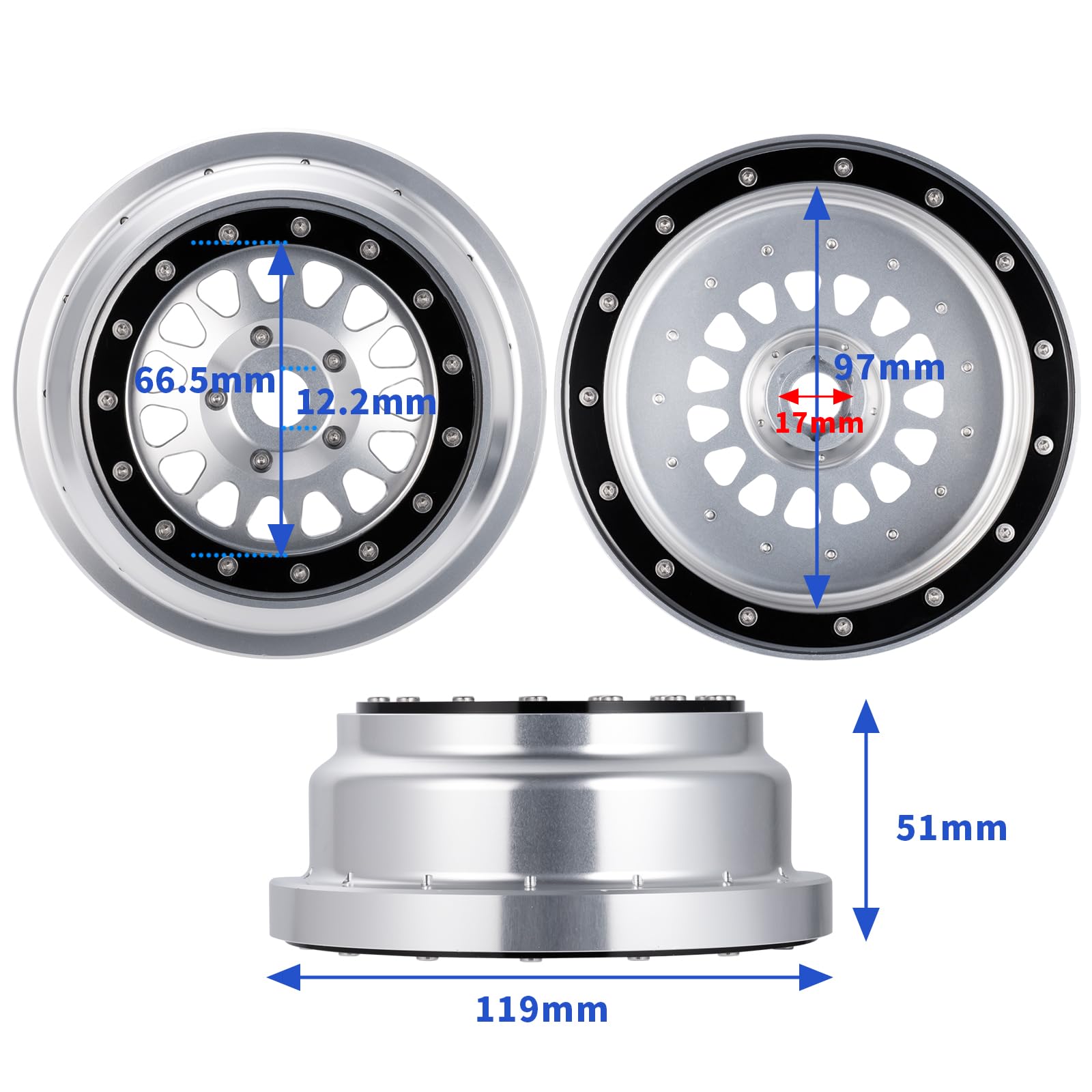 MORFUM 4PCS Aluminium Beadlock Wheels 1/6 RC Wheel Hubs Rims CNC Beadlock Wheel Rims Wheel Hubs Compatible with Losi 1/6 Super Baja Rey 2.0 RC Crawler Car Upgrades