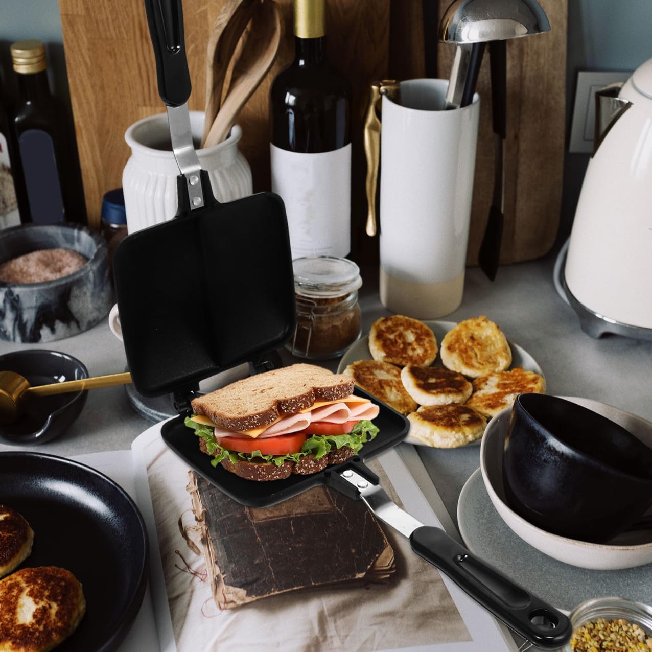 PRETYZOOM Aluminum Alloy Double-sided Grill Pan Nonstick Frying Pan Toast Maker Kitchen Accessory