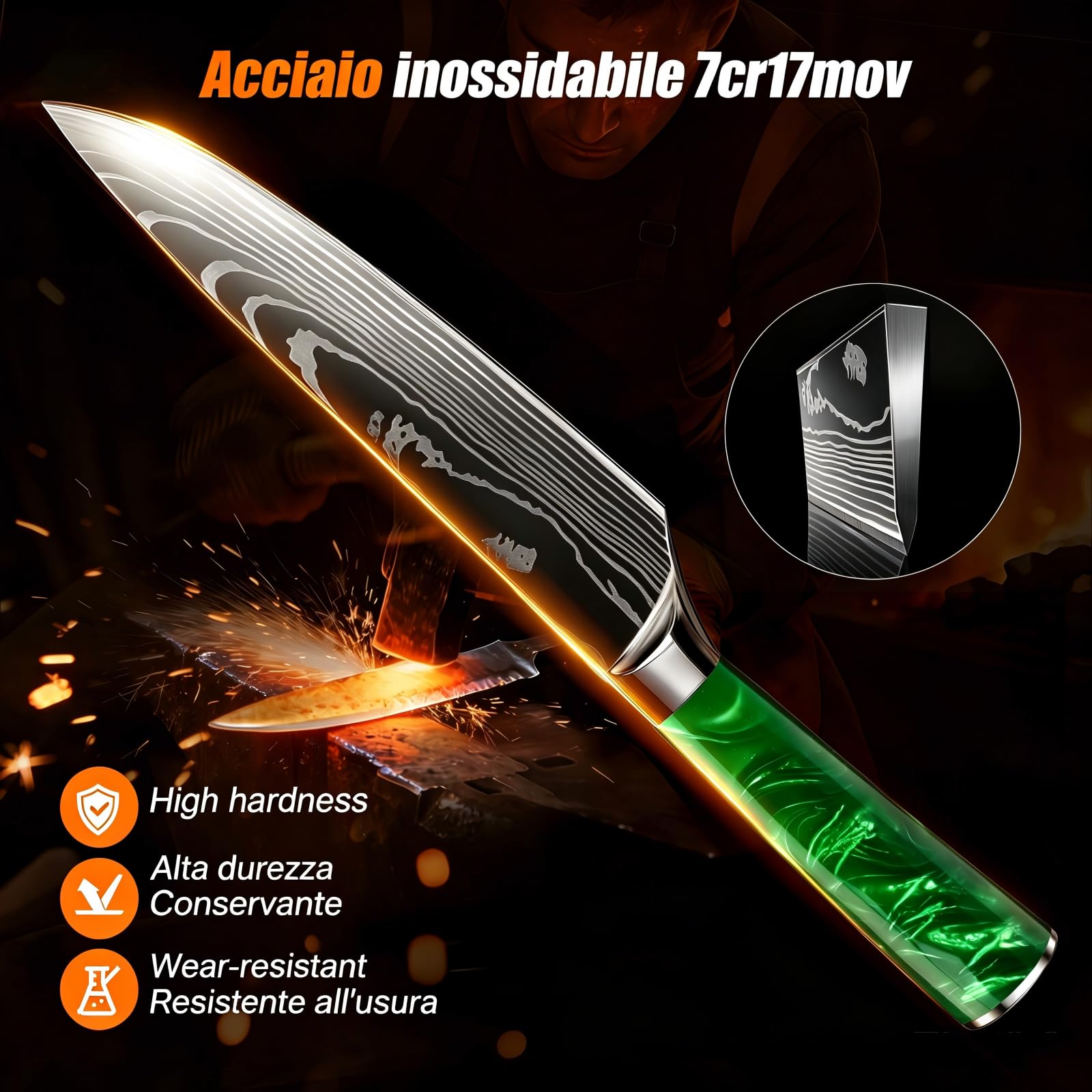 Set Coltelli da Cucina, 10pz, con Coltelli da disosso, Coltelli per frutta e Coltelli da Chef, Manico in resina, Acciaio Inossidabile, Damasco, set coltelli da cucina professionali(Verde)