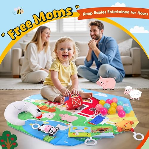 Farm Animal Baby Gym Play Mat, 9-in-1 Tummy Time Mat with 7 Baby Toys, Washable Baby Activity Mat for Visual, Sensory, Motor Development, Newborn Baby Toys Gift for Toddler 0-3-4-6-9-12 Months(Farm)