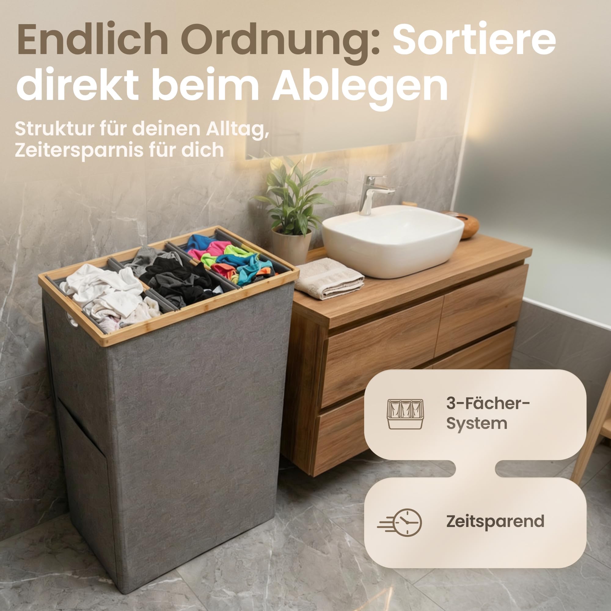 Wäschekorb 3 Fächer mit Deckel – kein Klett, keine Schlaufen, herausnehmbare Wäschesäcke, stabiler Bambusrahmen, 150L Wäschesammler, mit Seitentasche & 3 Waschbeuteln, grau – Evolune Living - 4