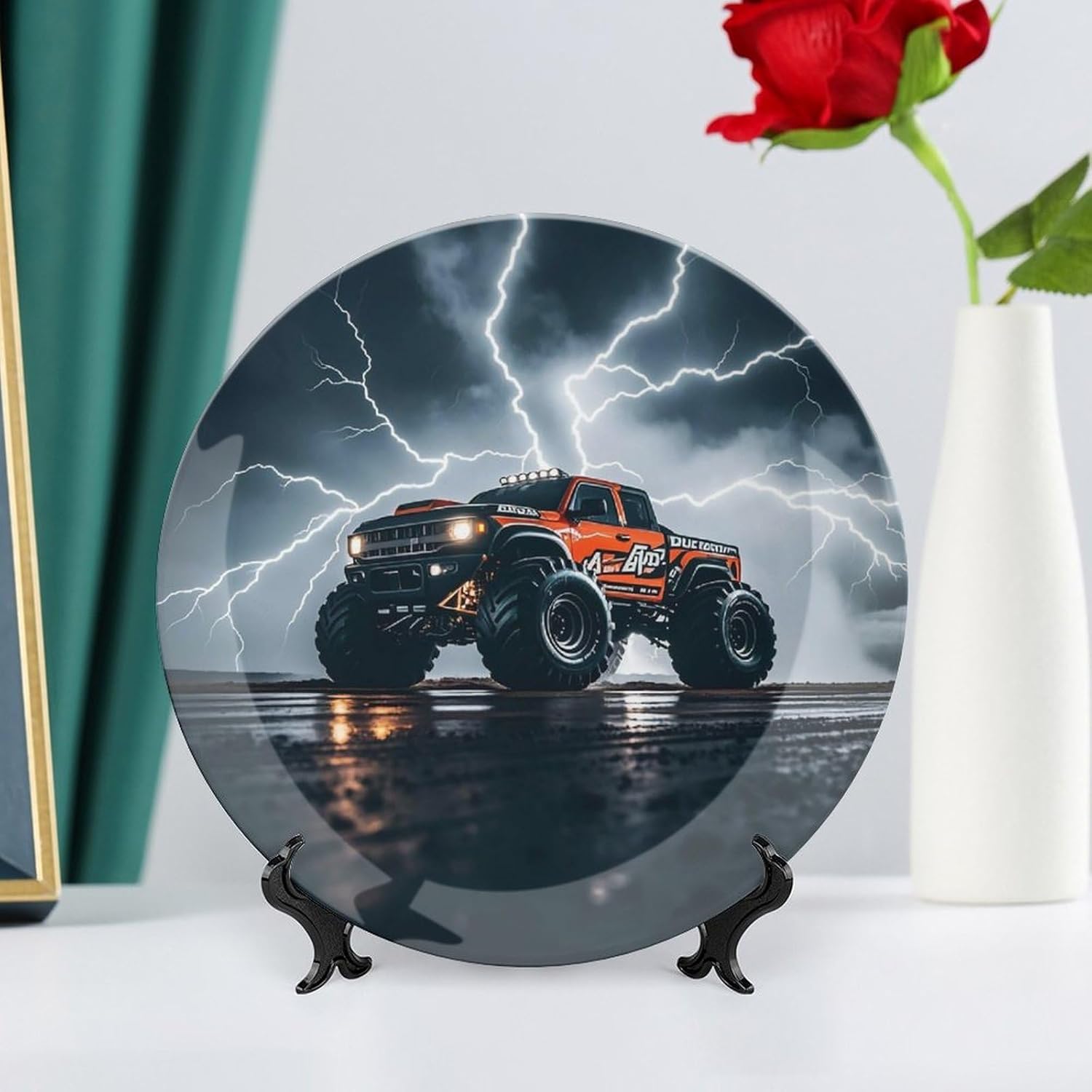 Monster Truck Black Sky Roar Decorative Ceramic Plate Personalized Bone China Decorative Plate Round Porcelain Plates with Display Stand Cabinet Display Plates for Home Decor 10inch