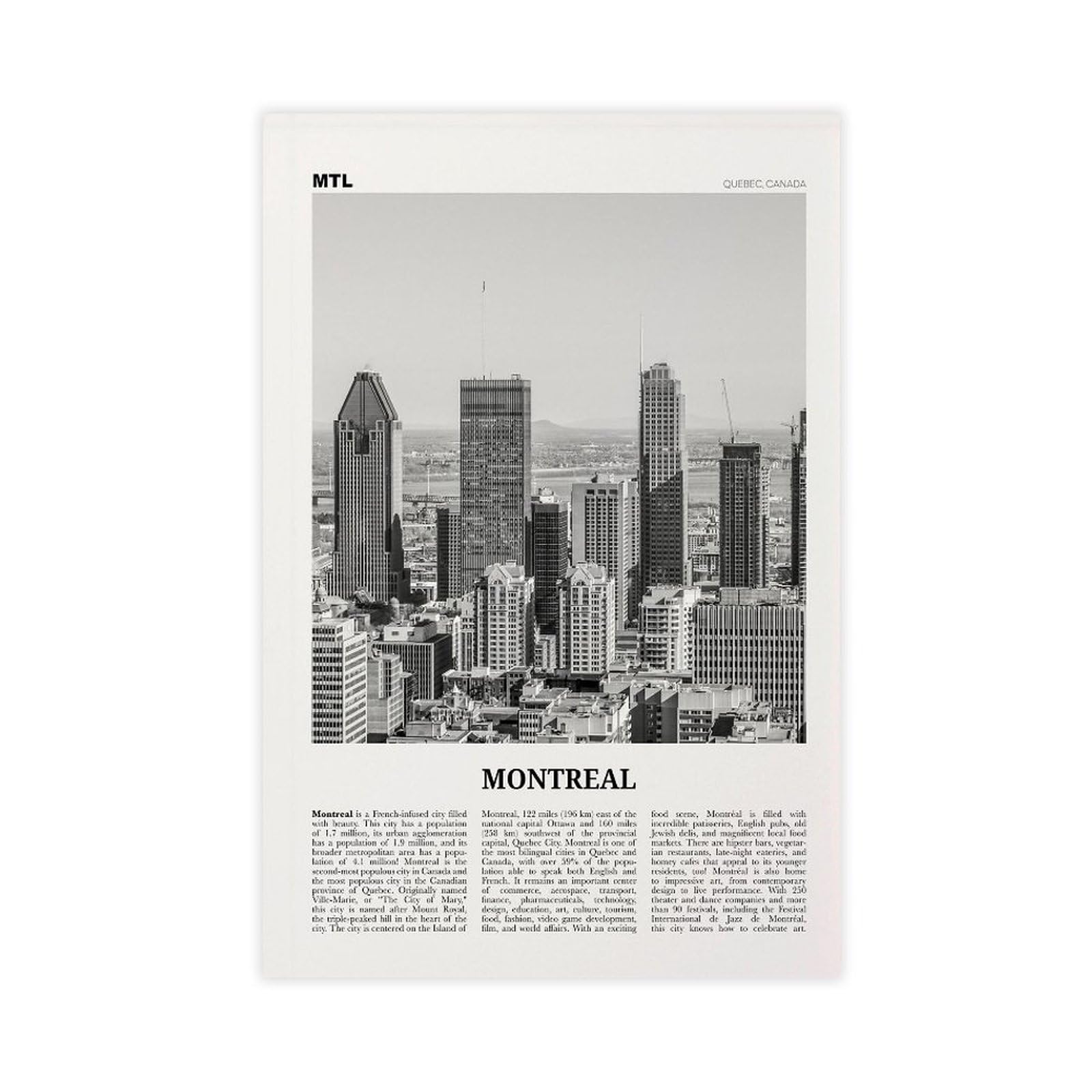 NEOHI Montreal Black And White Skyline, Quebec, Canada, Montréal Retro City Map Travel Landscape Canvas Wall Art Posters And Prints Room Aesthetic Bedroom Office Decor 24x36inch(60x90cm)