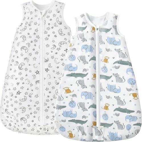Mosebears Saco de dormir para bebé con cremallera de 2 vías, saco de dormir de algodón de 0.5 TOG unisex (paquete de 2, L (12-18 meses))