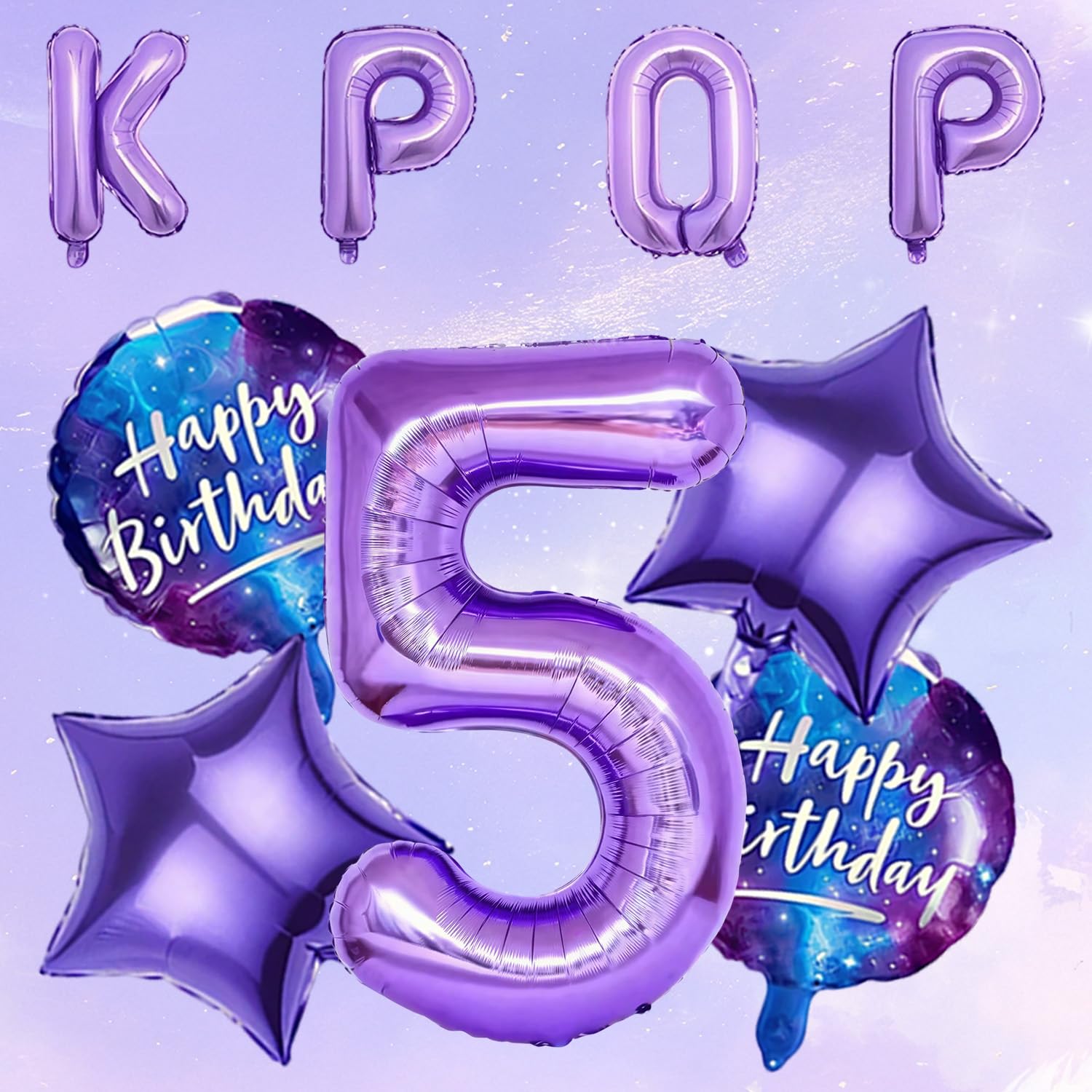K-pop 5th Birthday Decorations for Girls Boys, 9Pcs Purple 5th Birthday Balloon Set, Including Large Foil Number 5 Balloon, Letter Foil Balloon, Star Balloon & Ball Balloons for Birthday Party Decor