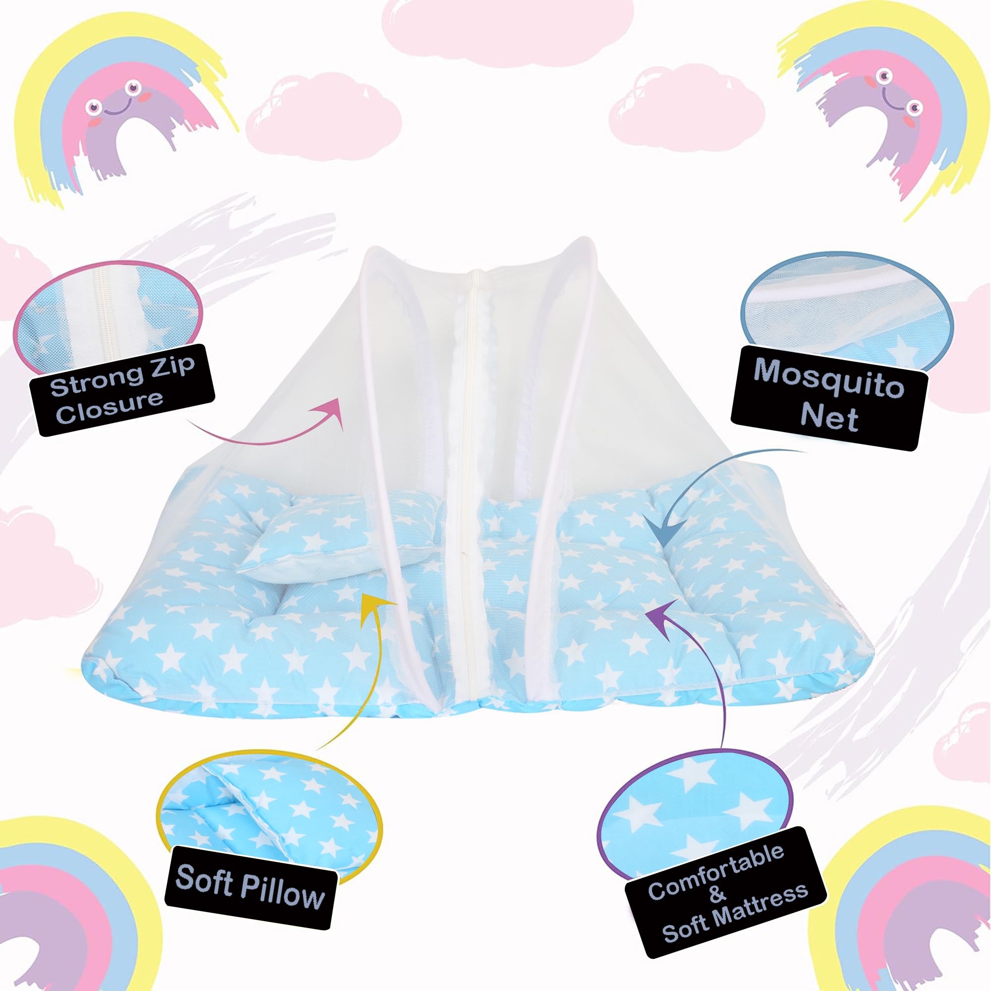 Nonibud Toddler Mosquito and Insect Protection Net/Mattress # Large Size 75 Cms X 48 Cms # 0-9 Months (SkyBlue Star) - Image 2 thumbnail