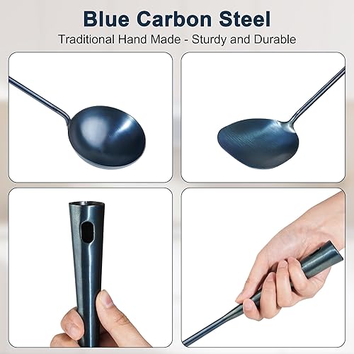 Miniatura 3 de Juego de herramientas de wok de espátula y cucharón hechos a mano, cucharón y espátula de hierro chino, utensilios de wok de 15.8 pulgadas