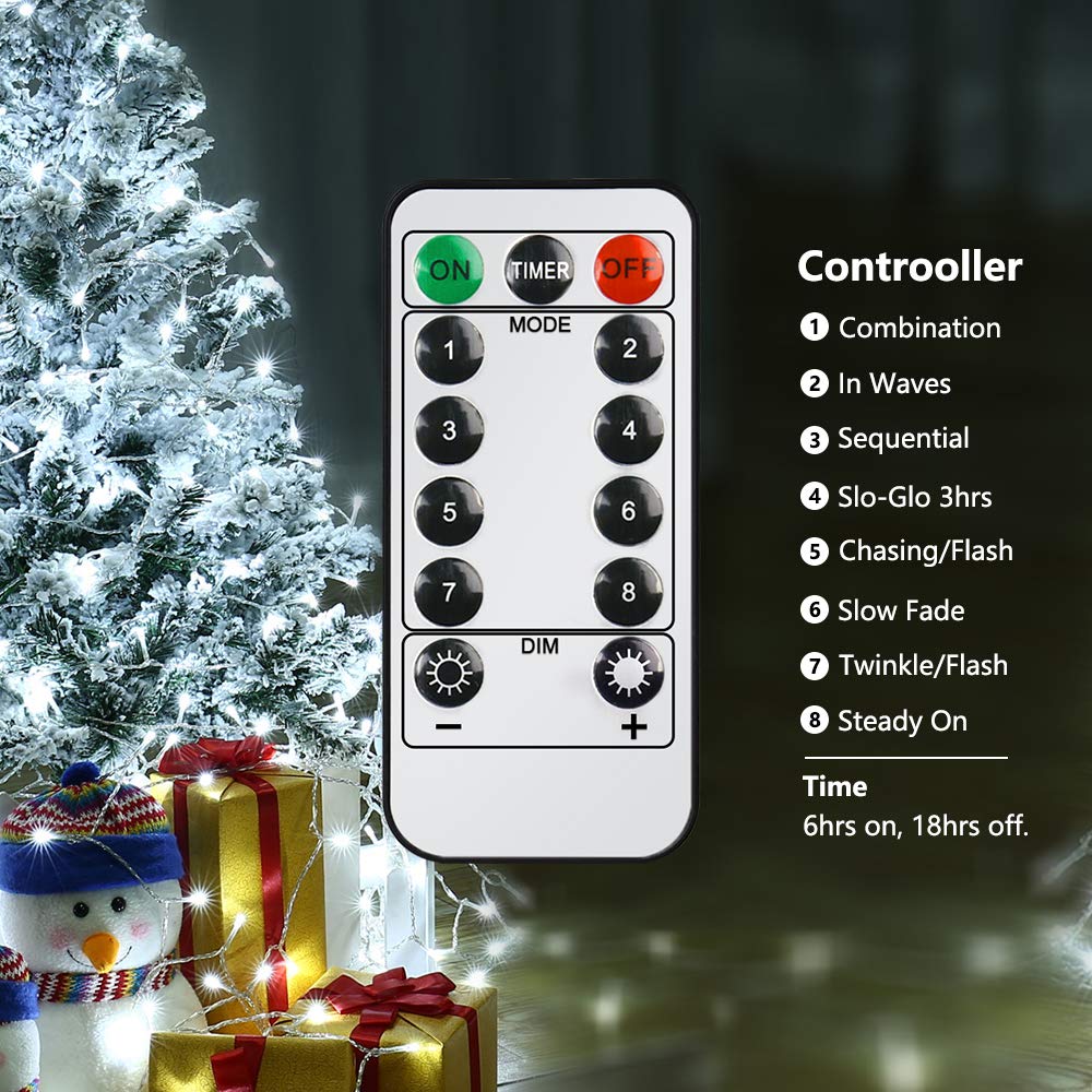 Qedertek Luci Natalizie a Batteria da Esterno, Catena Luminosa 20M 200 LED, Cavo Trasparente, Funzione di Timer con telecomando, Luci Stringa per Albero di Natale, Luci Bianco Addobbi Natale