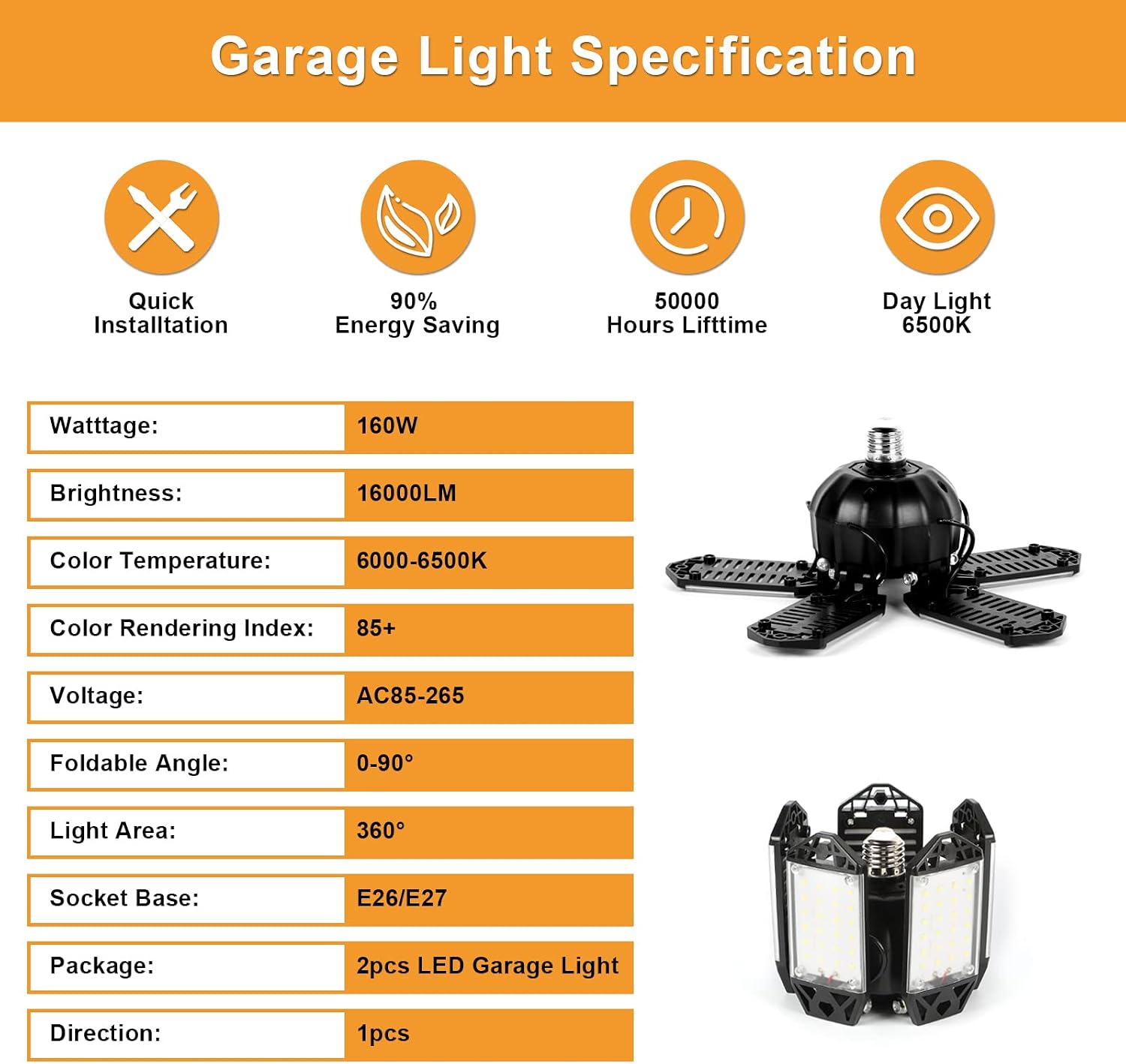 LED Garage Light 2 Pack - 160W Led Shop Light, 16000 Lumen 360° Lighting Garage Lights Ceiling LED with 5 Adjustable Panels, 6500K Daylight for Barn Workshop Basement Support E26/E27 Screw Socket