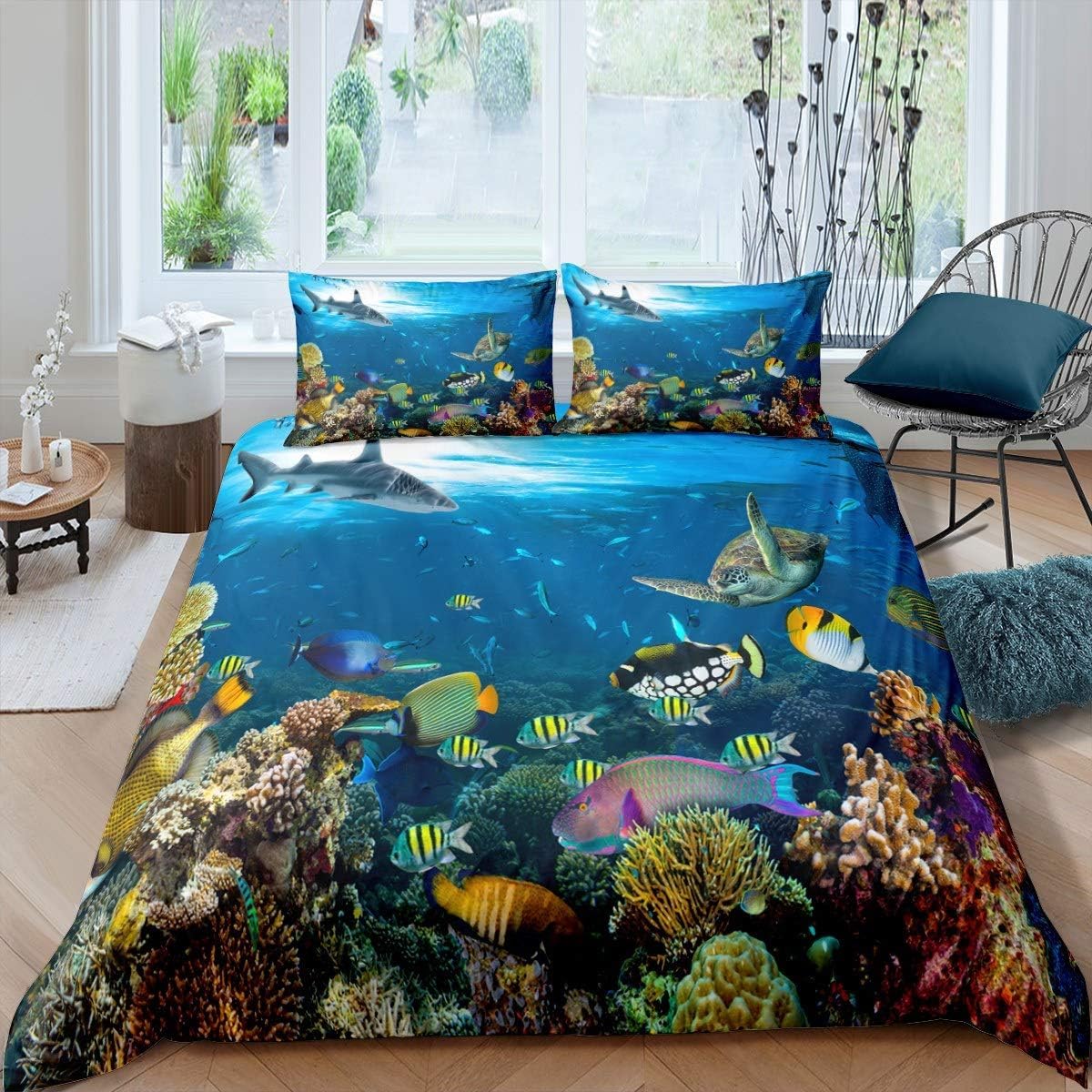 Parure de lit animaux marins 240x220 cm, cadeau idéal tortue 3D pour chambre d'adolescent