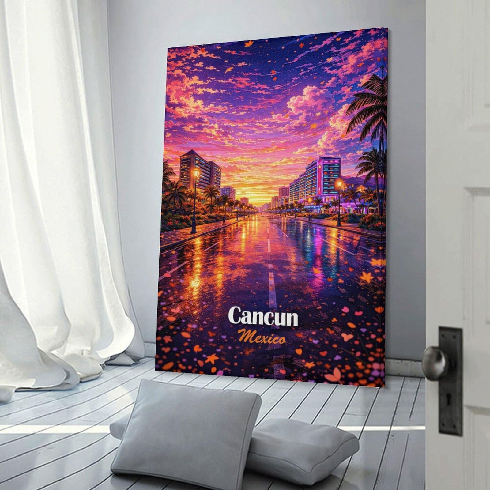 Junmoney Cancun Mexico Sunset Street Scene Hanging Wall Art, 16x24inch(40x60cm), for New Homes, Bedrooms Or Workspaces, Thoughtful Wall Decor for Art Lovers