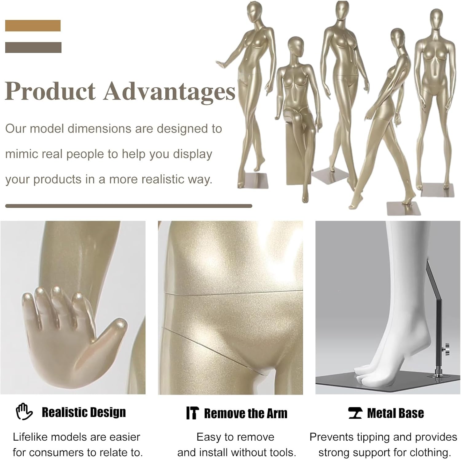 Realistic Full Body Mannequin for Clothing Display, Female Torso Dress Form Dummy Rack, Ideal for Underwear & Fashion Showcase, Elegant Gold Finish