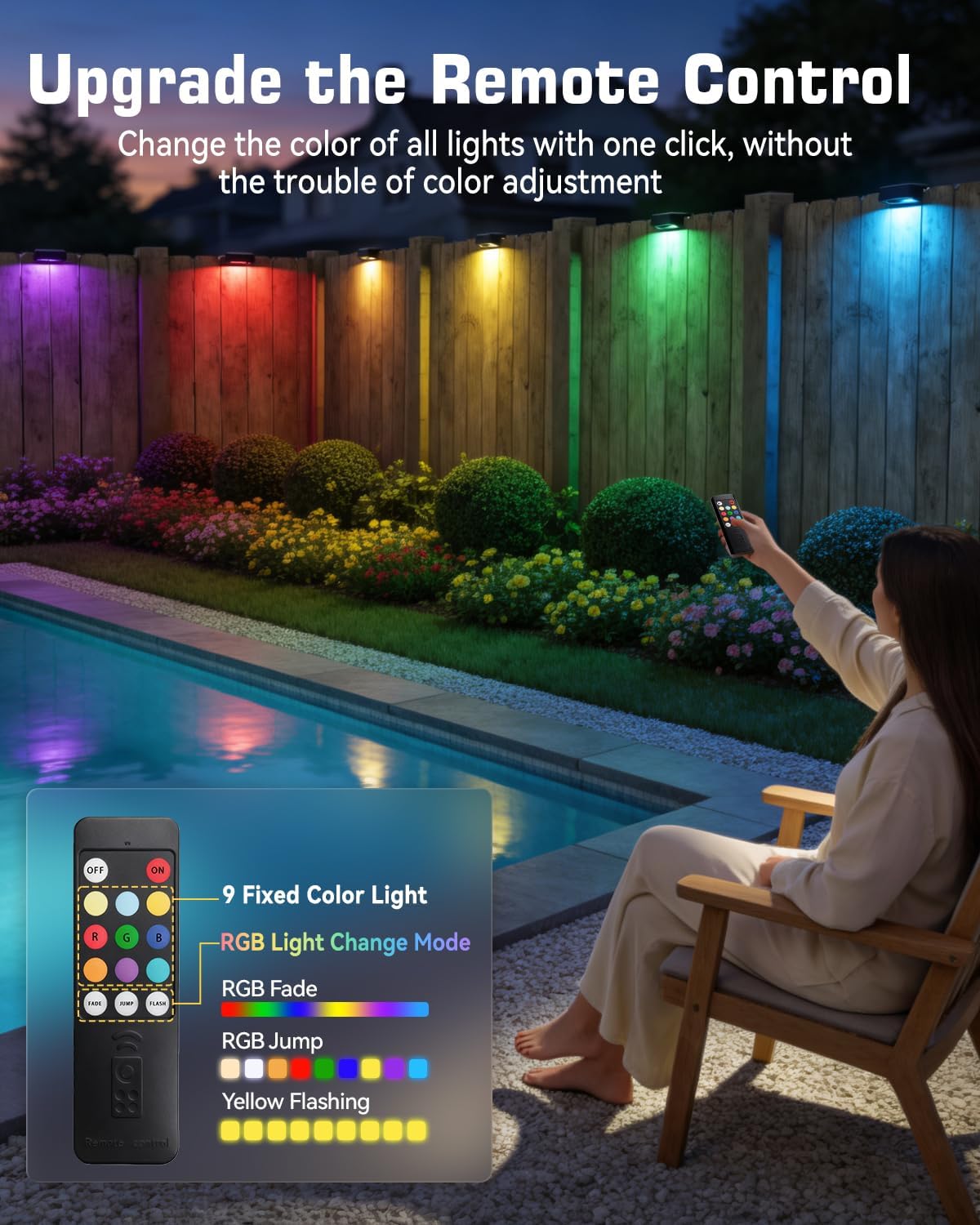 Solar Fence Lights Outdoor with Remote 12 Pack, 1300mAh RGB 9 Colors