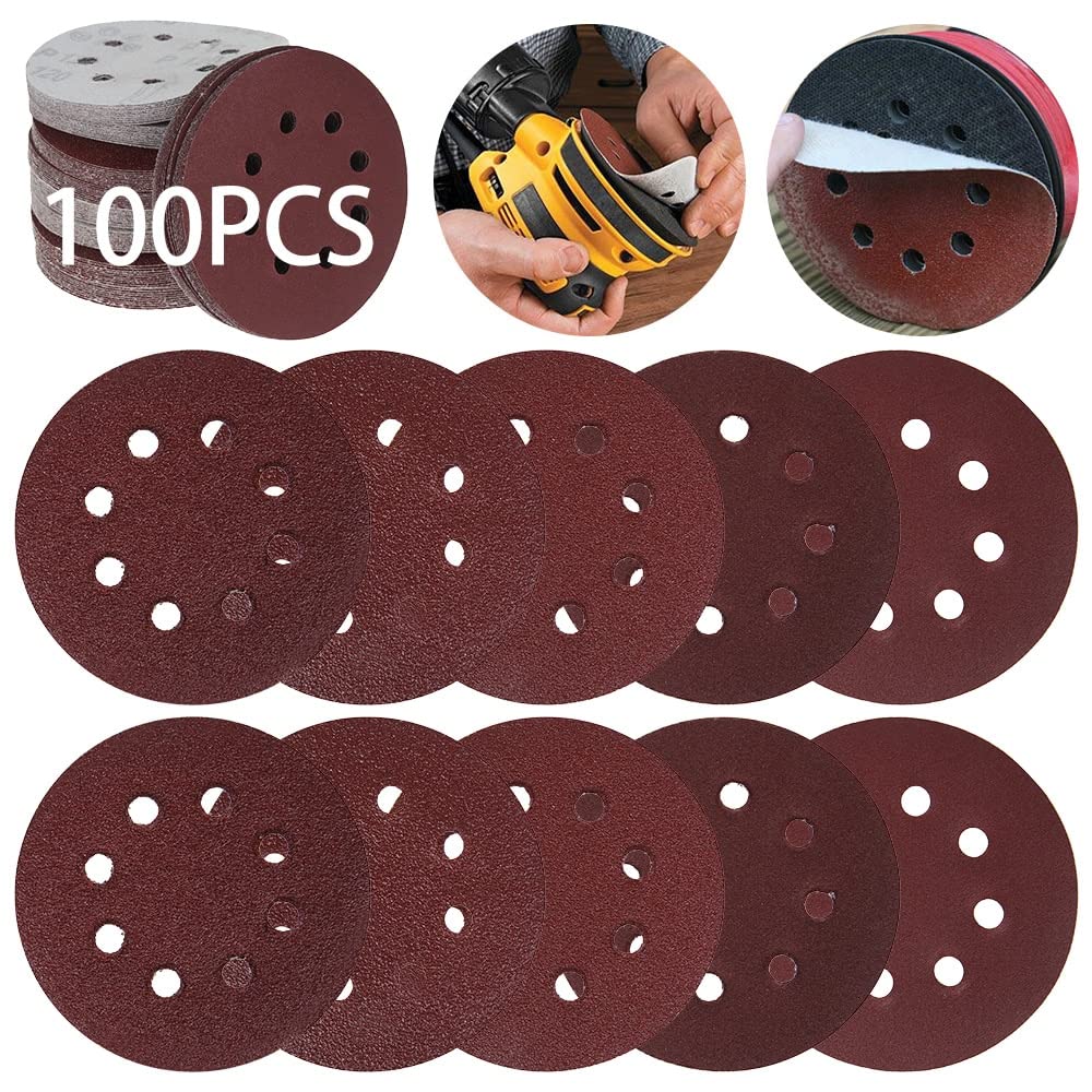 Papel de Lija 100 Piezas 5 "125 mm Rueda de molienda Redondo Papel de Lija Ocho Agujero Rueda de molienda 40-180 Grit Sandfaper Mechando DISCOLUCIÓN DE MUESTRADAS Y PULIDOS