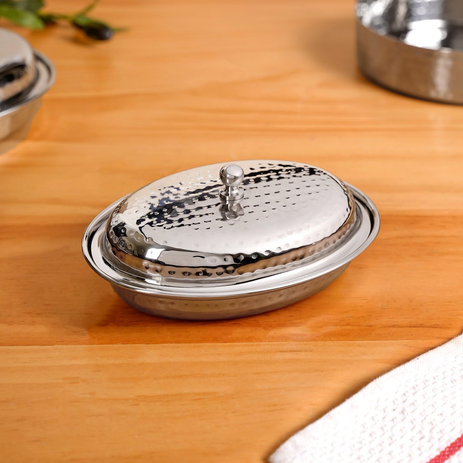 Nestasia Stainless Steel Serving Bowl with Lid (350ml) - Hammered Oval Steel Curry Dish with Glossy Finish | Rust, Stain & Scratch Resistant Entrée Dish for Serving Dal, Curry, Sabji, Gravy-image-25