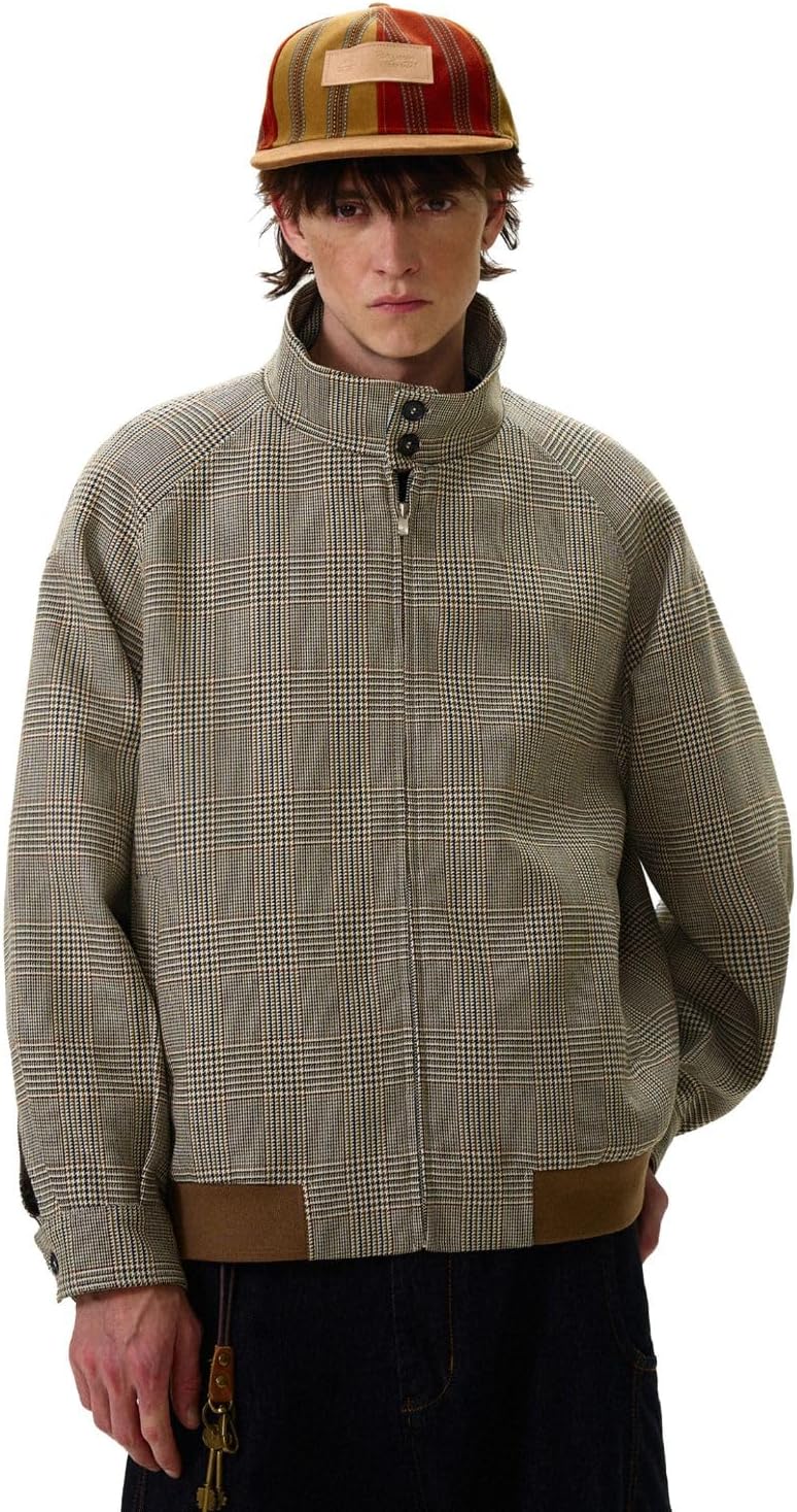 Men Plaid Thousand Bird Grid Brown Long Sleeve Loose Outerwear Casual Coats
