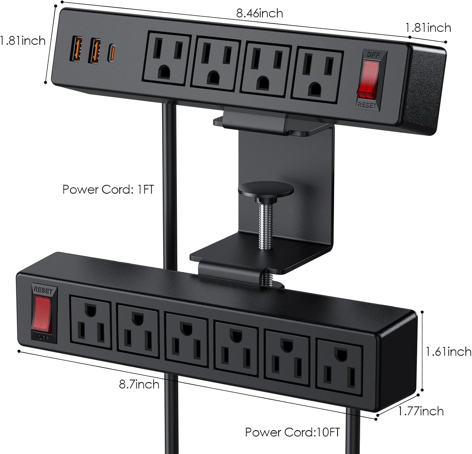 Desk Clamp Power Strip with PD20W USB-C, 2 in 1 Dual Layer Under Desk Power Strip, Removable Clamp Power Socket with 10AC Outlets & Switch, 10ft Extension Cord(ETL Listed)