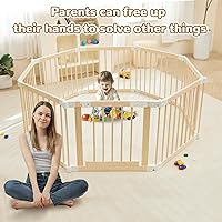Vista 8 de Corralito para bebés, corralito para bebés y niños pequeños, patio de juegos plegable de madera con puerta, centro de actividades ajustable