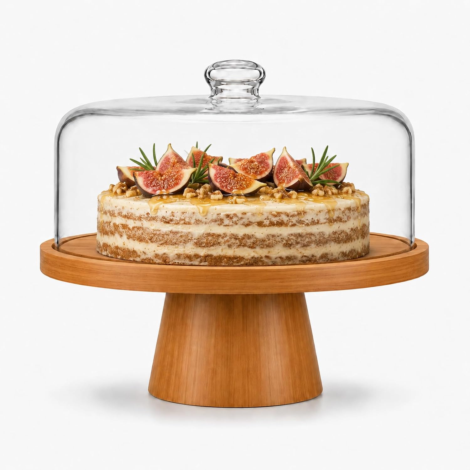 Cake Stand with Glass Lid, 11" Magnetic Bamboo Base for Parties & Kitchen