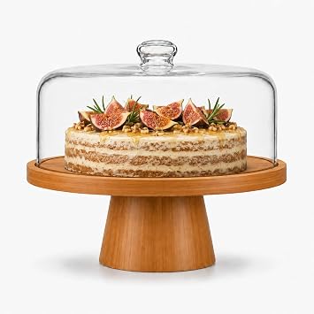 Cake Stand with Glass Lid, 11" Magnetic Bamboo Base for Parties & Kitchen