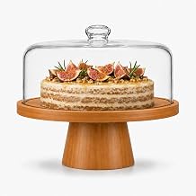 Cake Stand with Glass Lid, 11" Magnetic Bamboo Base for Parties & Kitchen