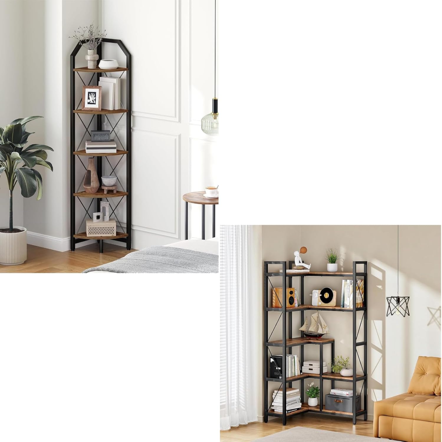 59.4" Corner Shelf, 5-Tier Industrial Corner Bookshelf, Storage Stand, Plant Stand Display Shelf 5-Tier Bookshelf, 65.5'' Tall L-Shaped Bookcase, Corner Storage Stand with Metal Frame