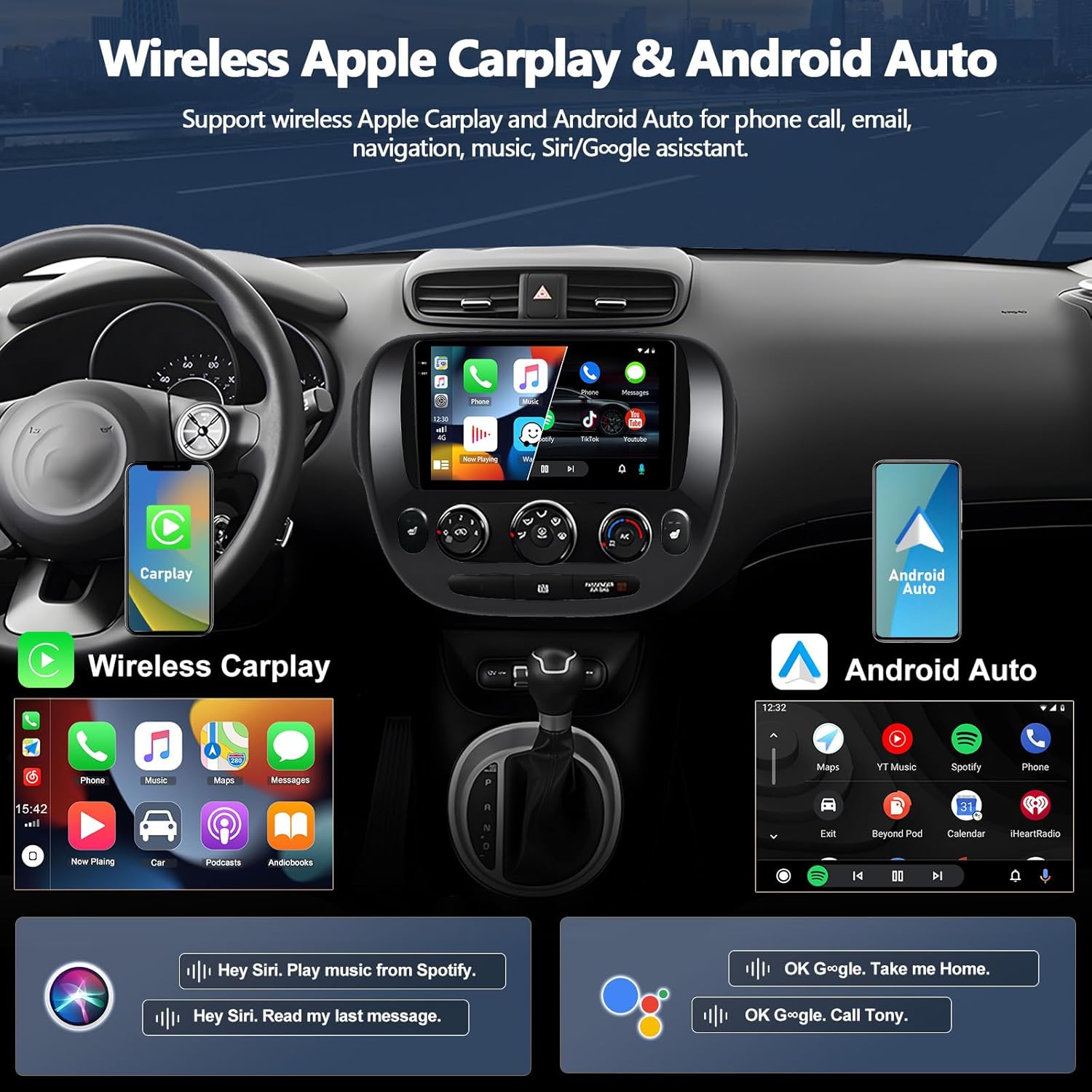 CAMECHO 4+128GB Car Radio Stereo for KIA Soul 2014-2019 (Manual A/C) Android 15 CarPlay Android Auto 9" Incell 1280 * 720 Touch Screen Head Unit with GPS Bluetooth WiFi FM RDS Backup Camera