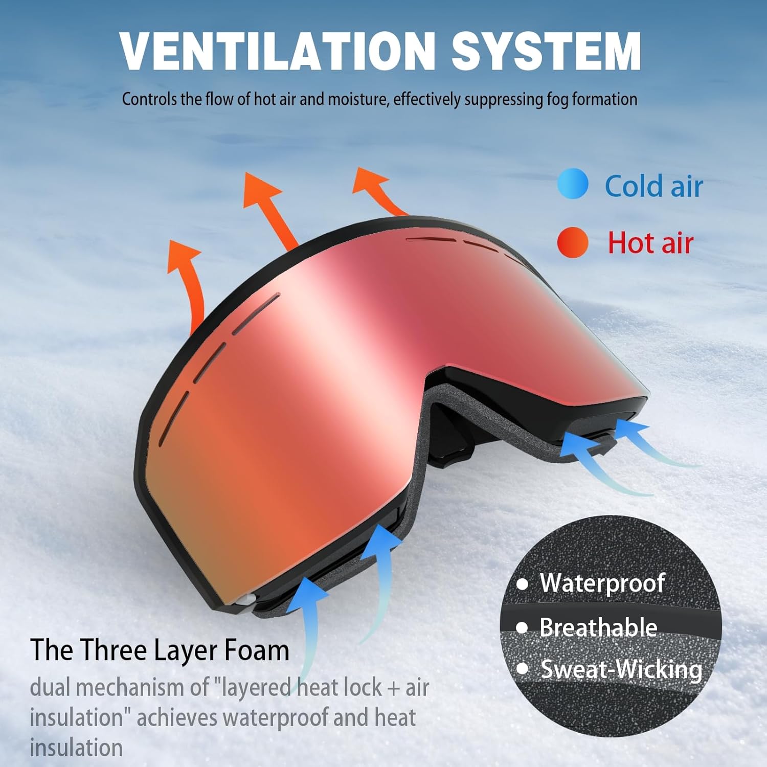 Ski Goggles Over Glasses,YH359 Snowboard Goggles,Anti-Fog UV400 Protection Snow Goggles for Adult