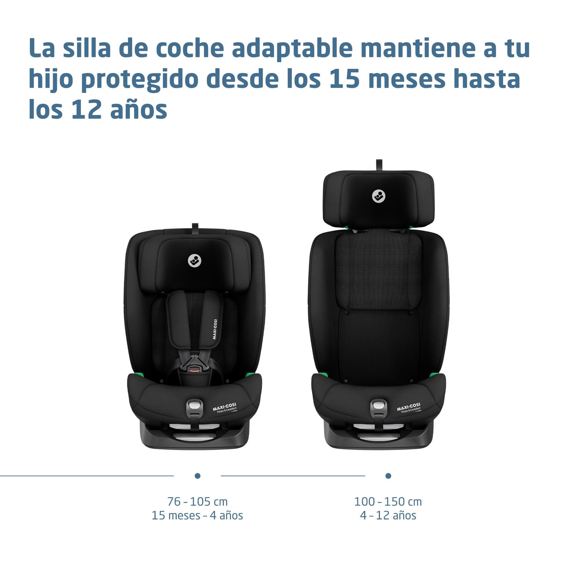 Maxi-Cosi Titan S Comfort i-Size, Tejido Transpirable, Silla de Coche Multiedad, 15 meses-12 años (76-150 cm), Silla Coche ISOFIX, 5 Posiciones Reclinado y 13 de Reposacabezas, Authentic Black