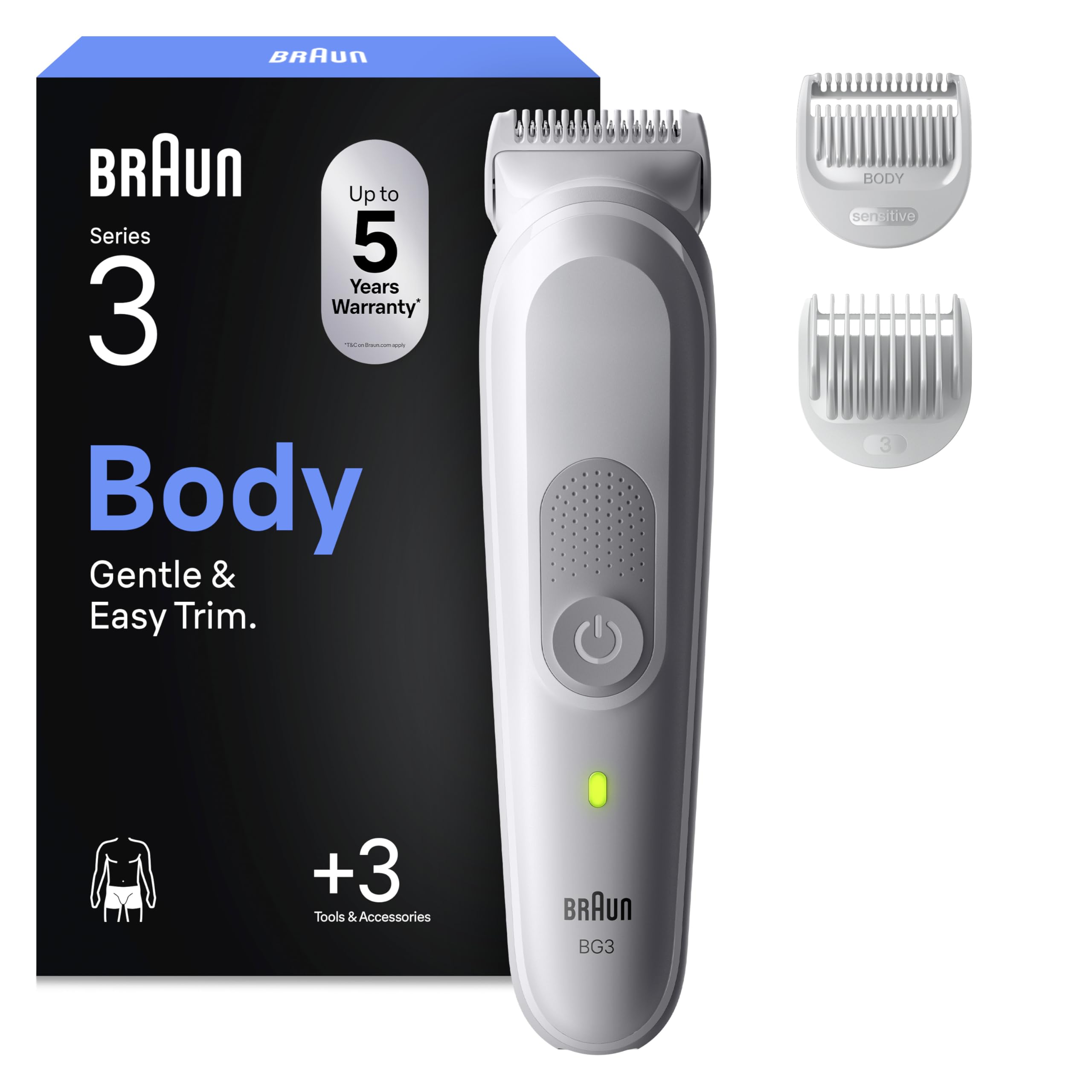 Braun Cortacésped Para El Cuerpo, Body Groomer Series 3, 3 Herramientas De Afeitado, Con Protección SkinGuard, Autonomía De 80 Min, Suave Para Zonas Sensibles, Afeitarse Y Cortar, Impermeable,