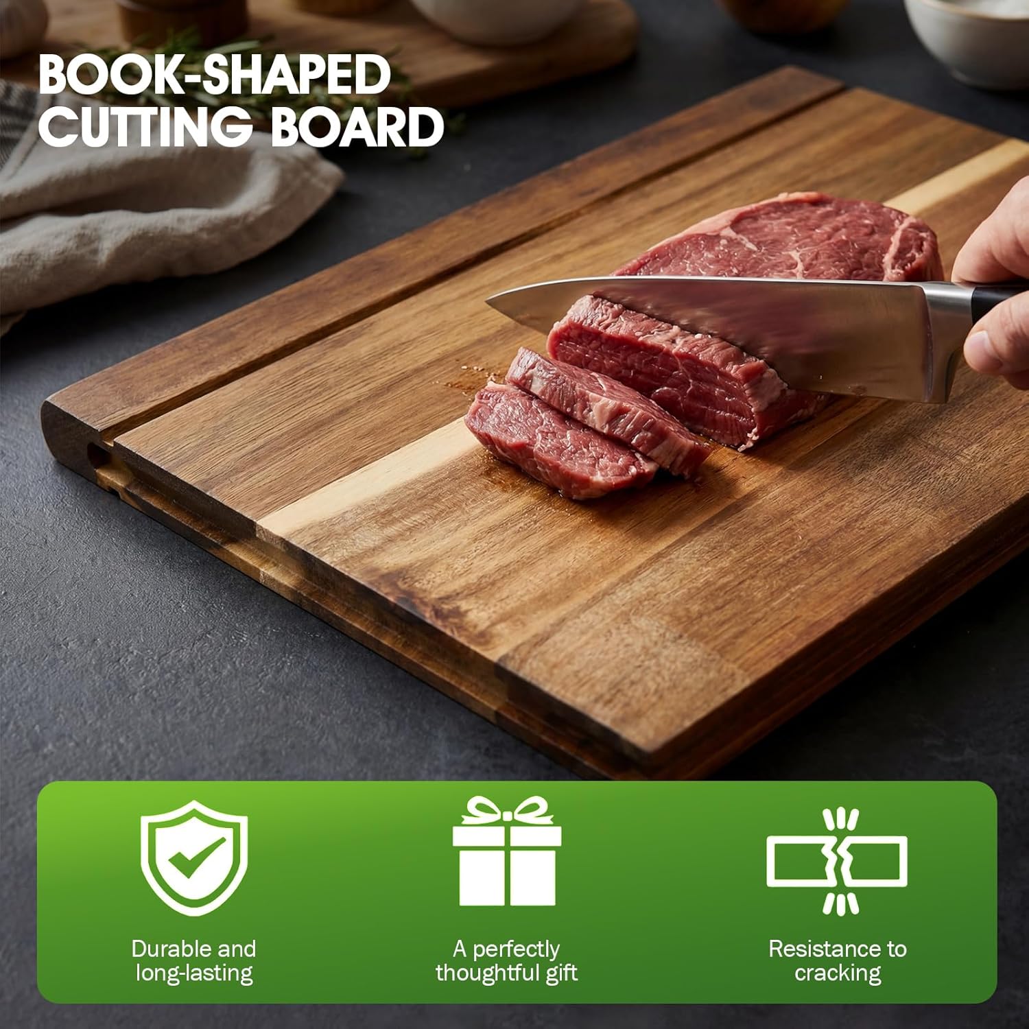 NEDVI Book-Shaped Cutting Board Set with Wooden Stand – Wooden Chopping Boards for Kitchen, Ideal for Vegetables, Cheese, & Meat – Unique Gift Set for Home Cooks & Kitchen Decor