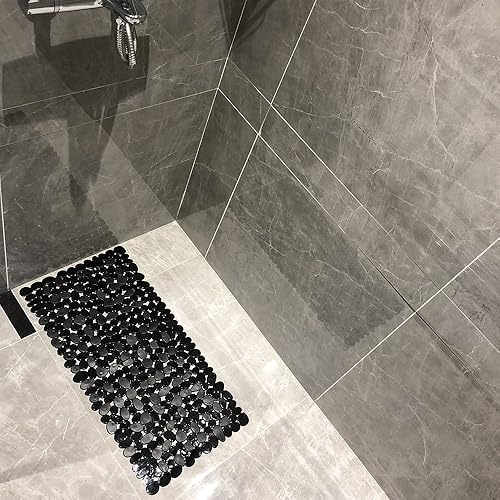 Miniatura 3 de Tapetes de baño antideslizantes con piedra de guijarros, antideslizantes, lavables a máquina (negro, 14 pulgadas de ancho x 27 pulgadas de largo,