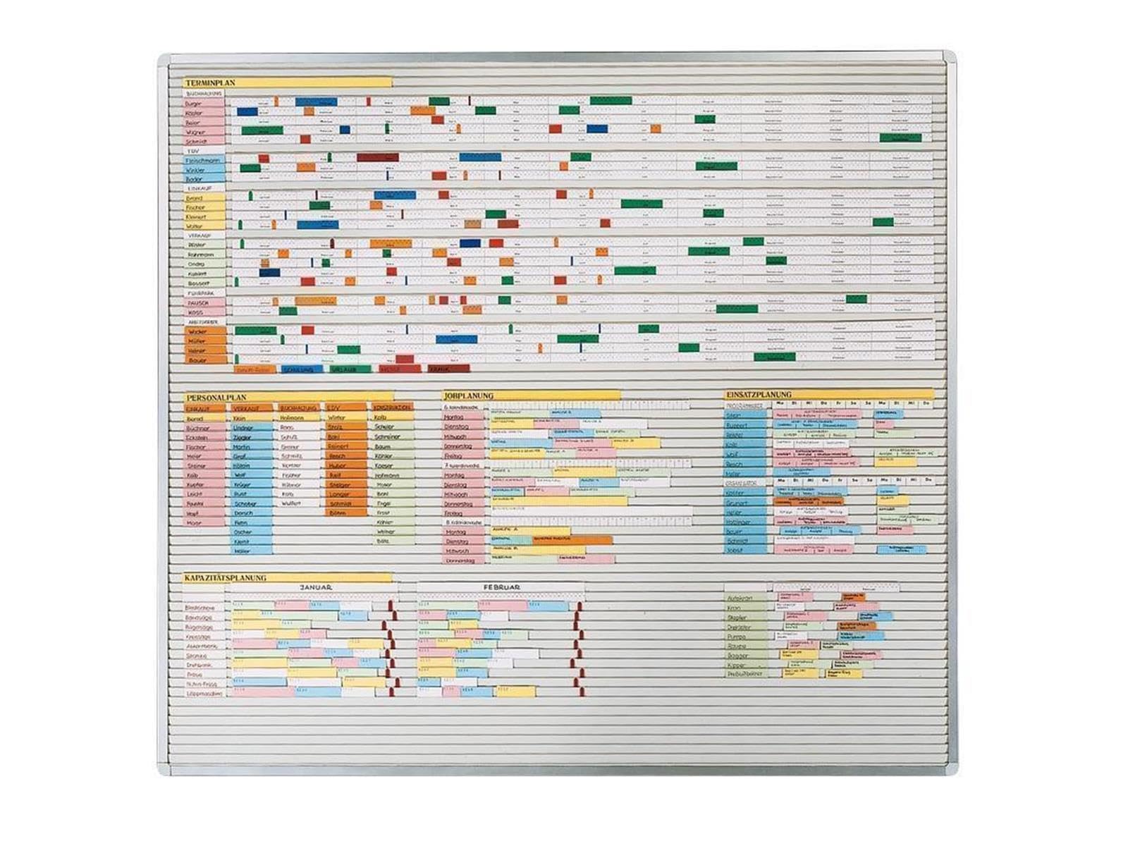 Streifenstecktafel "Visiplan" zur übersichtlichen Darstellung diverser Planungsaufgaben wie Maschinenbelegung, Personalplanung, Dienstplaneinteilung, aus drei Schienenanzahlen wählbar, Breite immer 160 cm