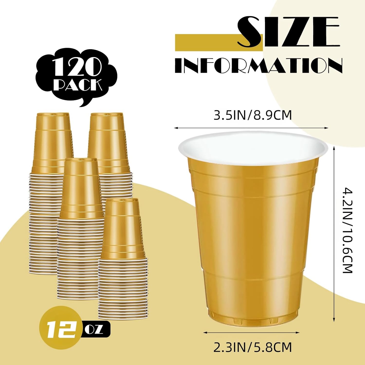 120 Pcs Gold Plastic Cups Carnival Plastic Disposable cups 12 oz gold Party Cups for drinking Tastings served Snacks Barbecues Picnics - Image 2