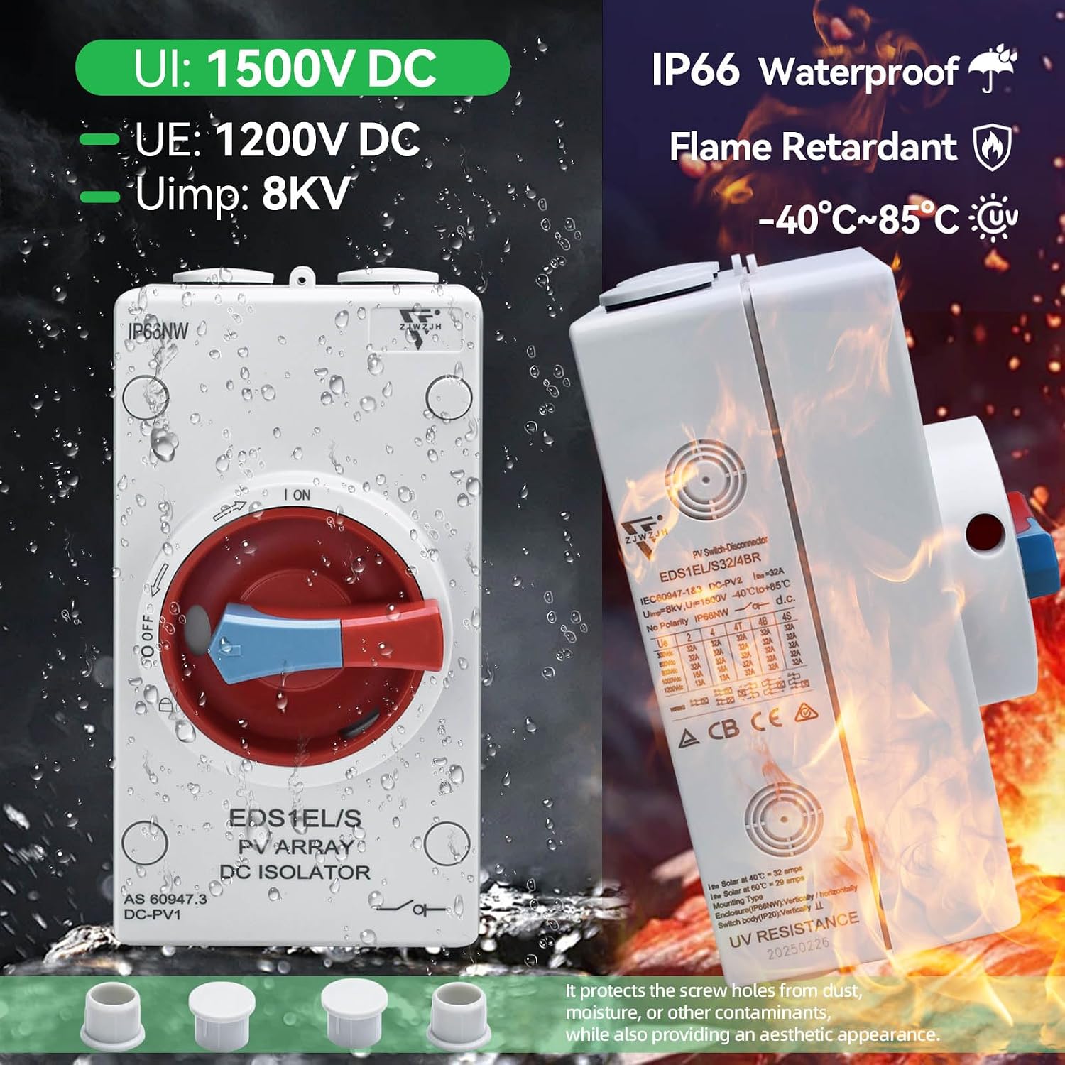 Solar Disconnect Switch 4-Pole DC 1500V 32A Isolator Solar Switch with Enclosure for Rooftop Solar Systems, RVs Waterproof IP66 Red Bottom Wiring
