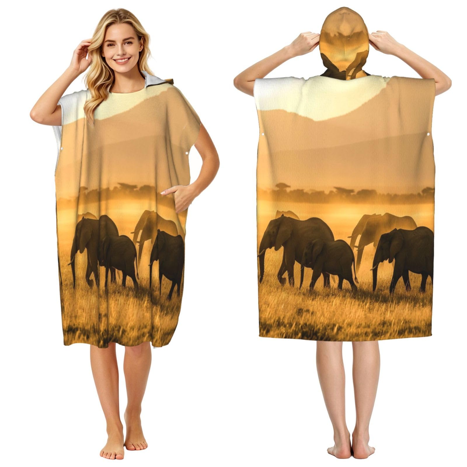 DTHKJNLSF Elephants On The Grassland Adult Hooded Beach Poncho Towel