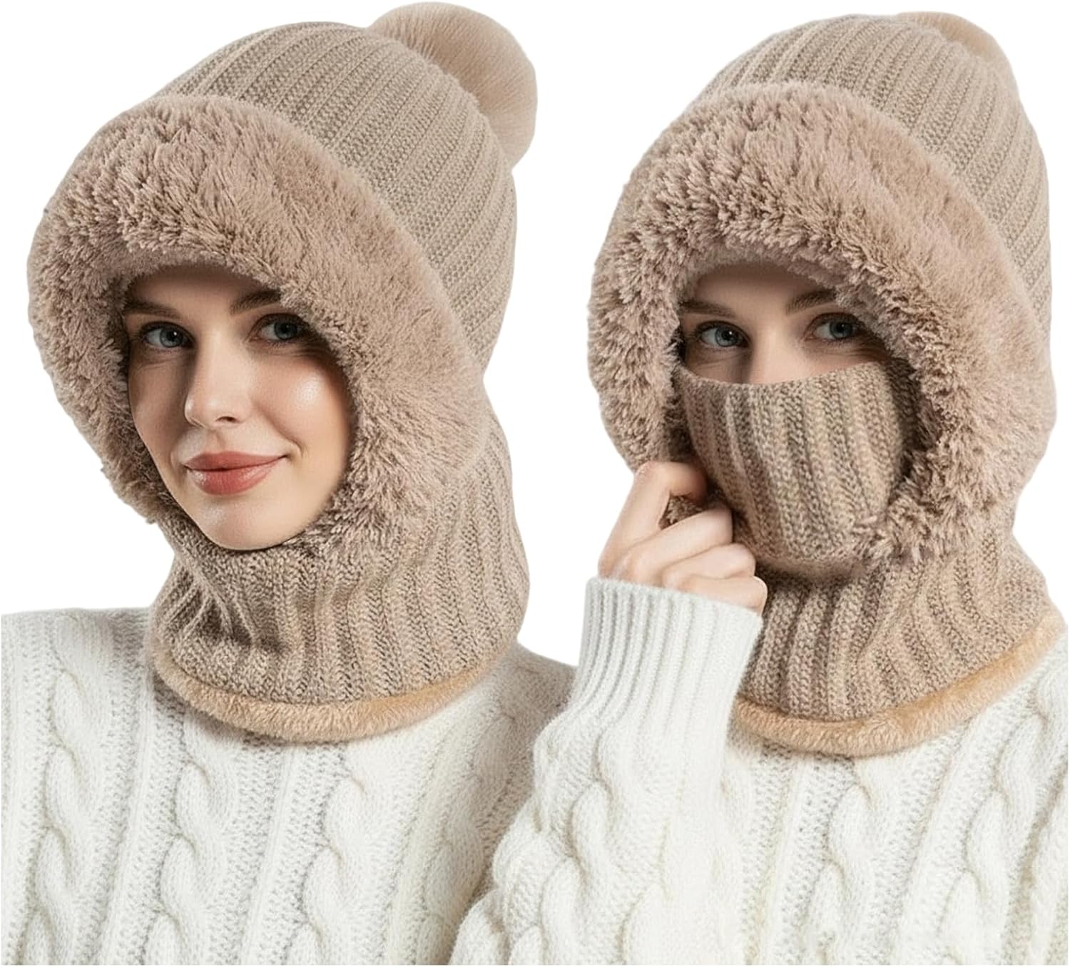 3 In 1 Hat With Scarf and Mask, Winter Hats for Women,Womens Knit Hat Fleece Lined Winter Scarf Mask Set Snow Caps