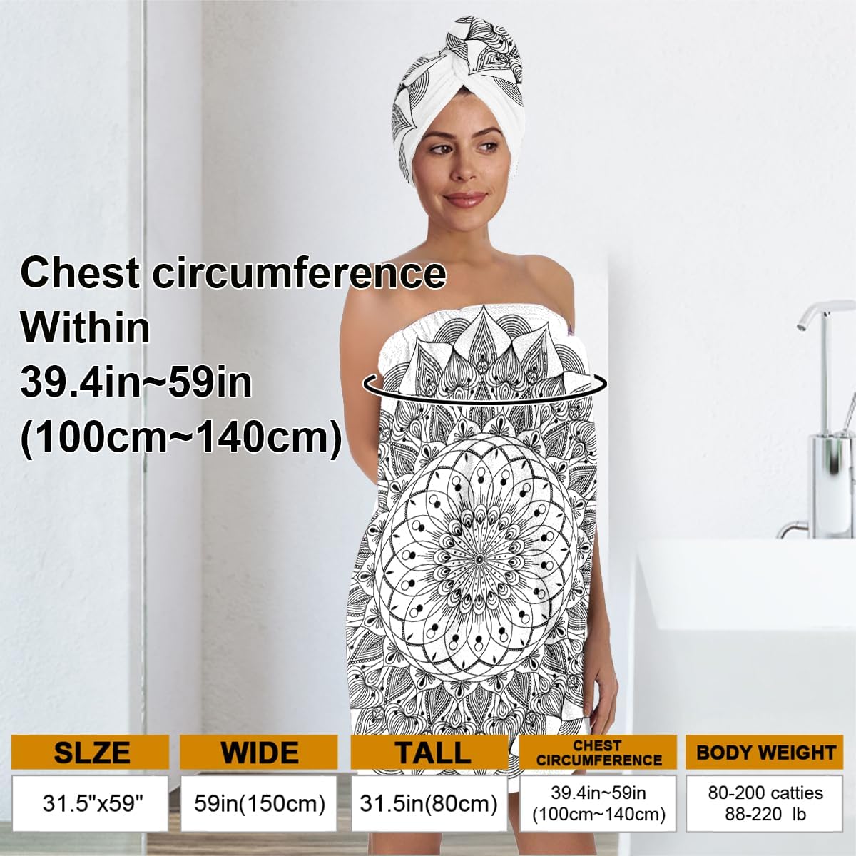 Mandala Microfiber Bath Wrap Set with Hair Towel, Mandala Floral Black and White Design, 31.5x59 inches