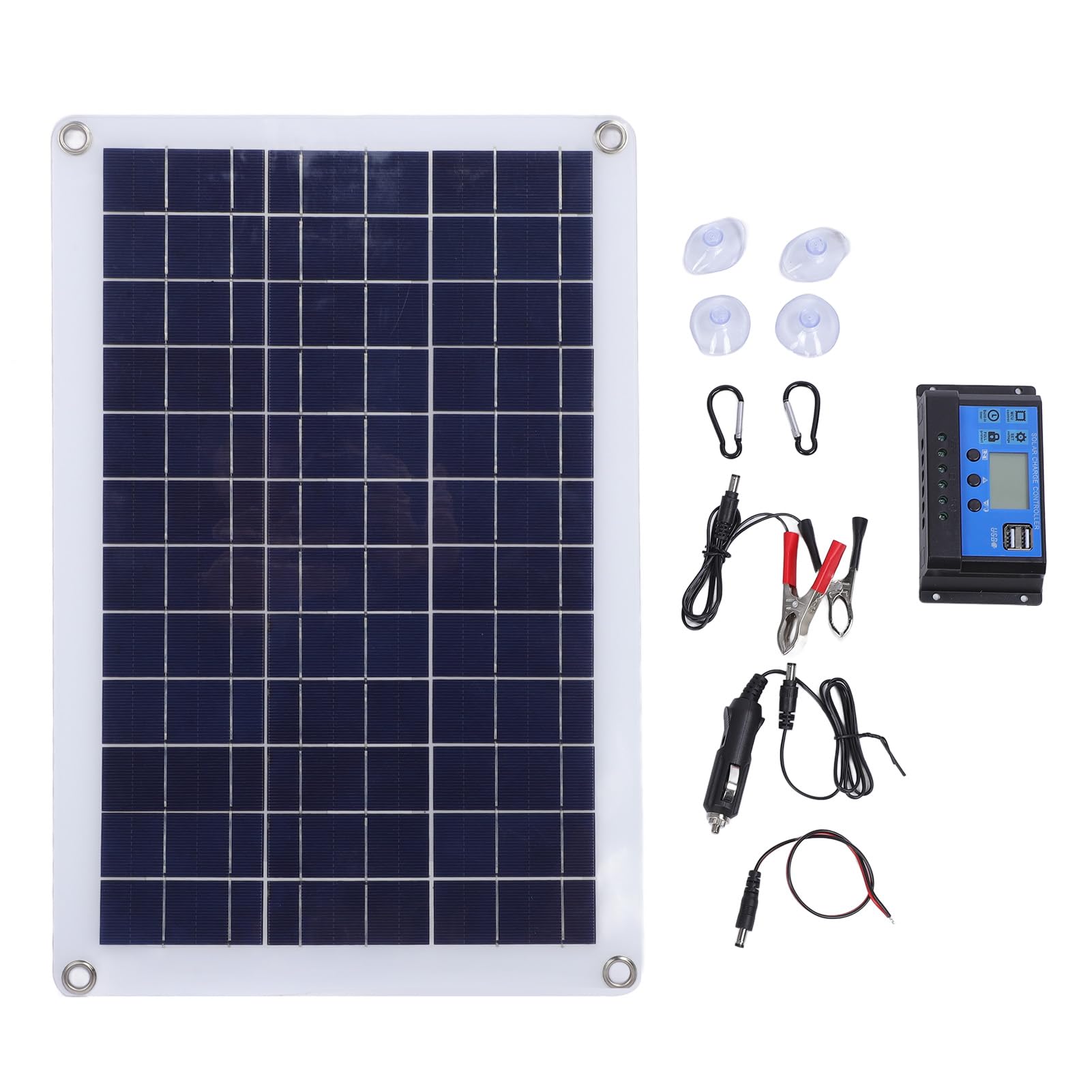 20W Solar Panel Kit with Water Resistant Design | Caricabatterie portatile per viaggi in campeggio, Silicio monocristallino, Compatibilità 60A, Prevenzione carica inversa,