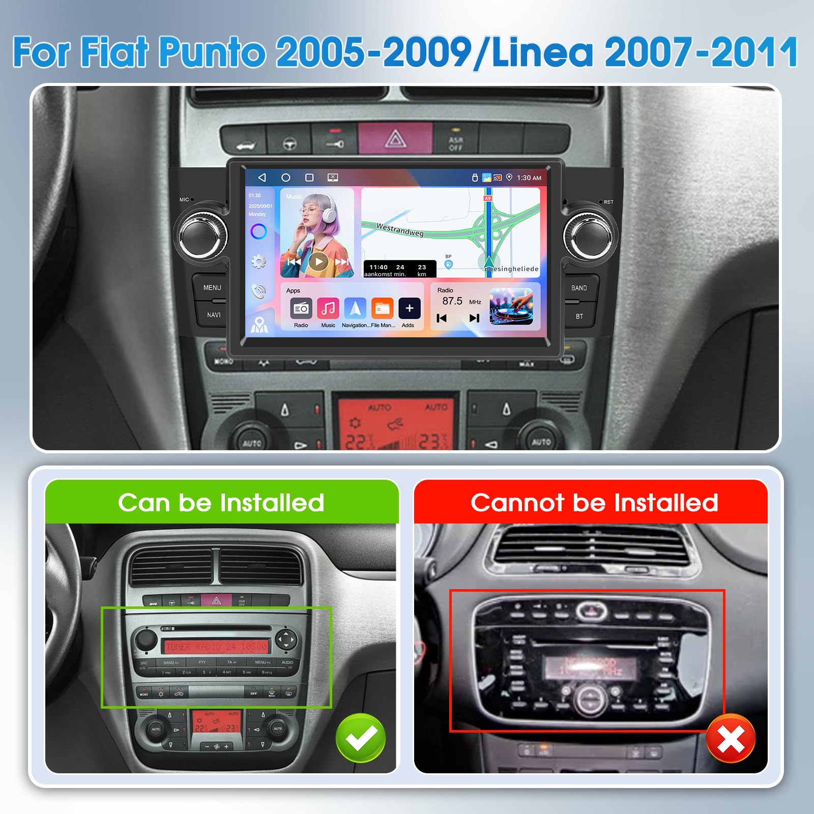 Autoradio Android 4G+64G per Fiat Punto 2005-2009, Linea 2007-2011, Radio Stereo Motorsi Quad-core Android 15 IOS Carplay Autoradio Singolo DIN 32EQ GPS Bluetooth 5.0 WiFi UI Radio FM/RDS+Telecamera