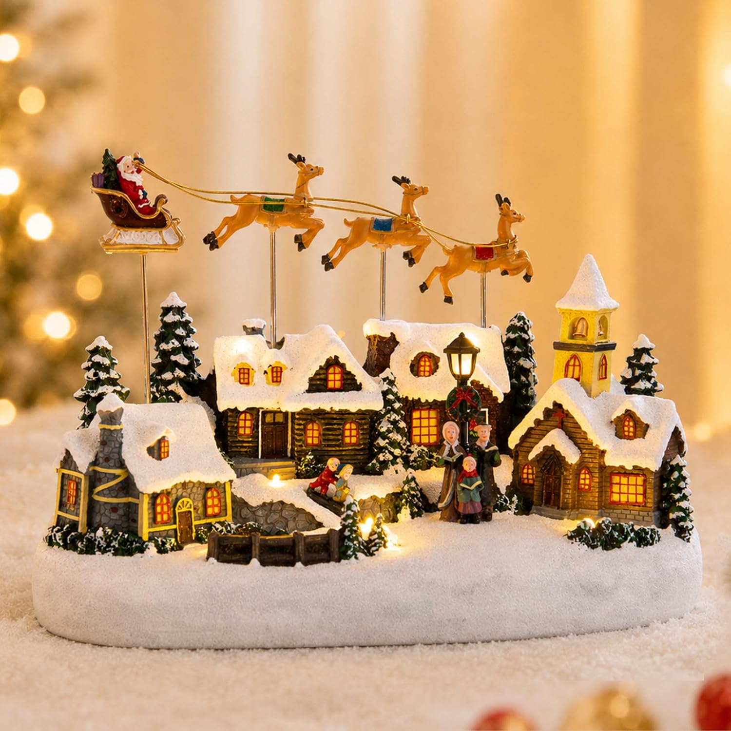 MUMTOP Christmas Houses, Animated Christmas Village with Santa Sleigh