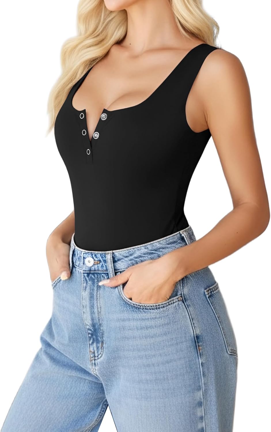 Avidlove Bodysuits for Women Button Down Square Neck Sleeveless Body Suit Snap Closure Double Lined Tank Tops Bodysuit - Image 4