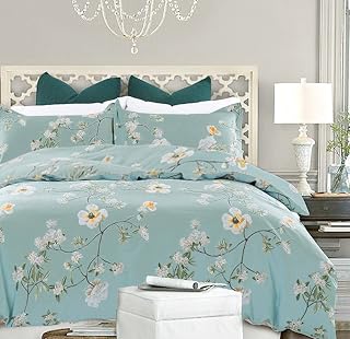 Nanko Queen Duvet Cover Set Teal Floral, 3-Piece Microfiber Bedding with Zipper & Corner Ties - Soft Breathable Luxury Bedroom Decor
