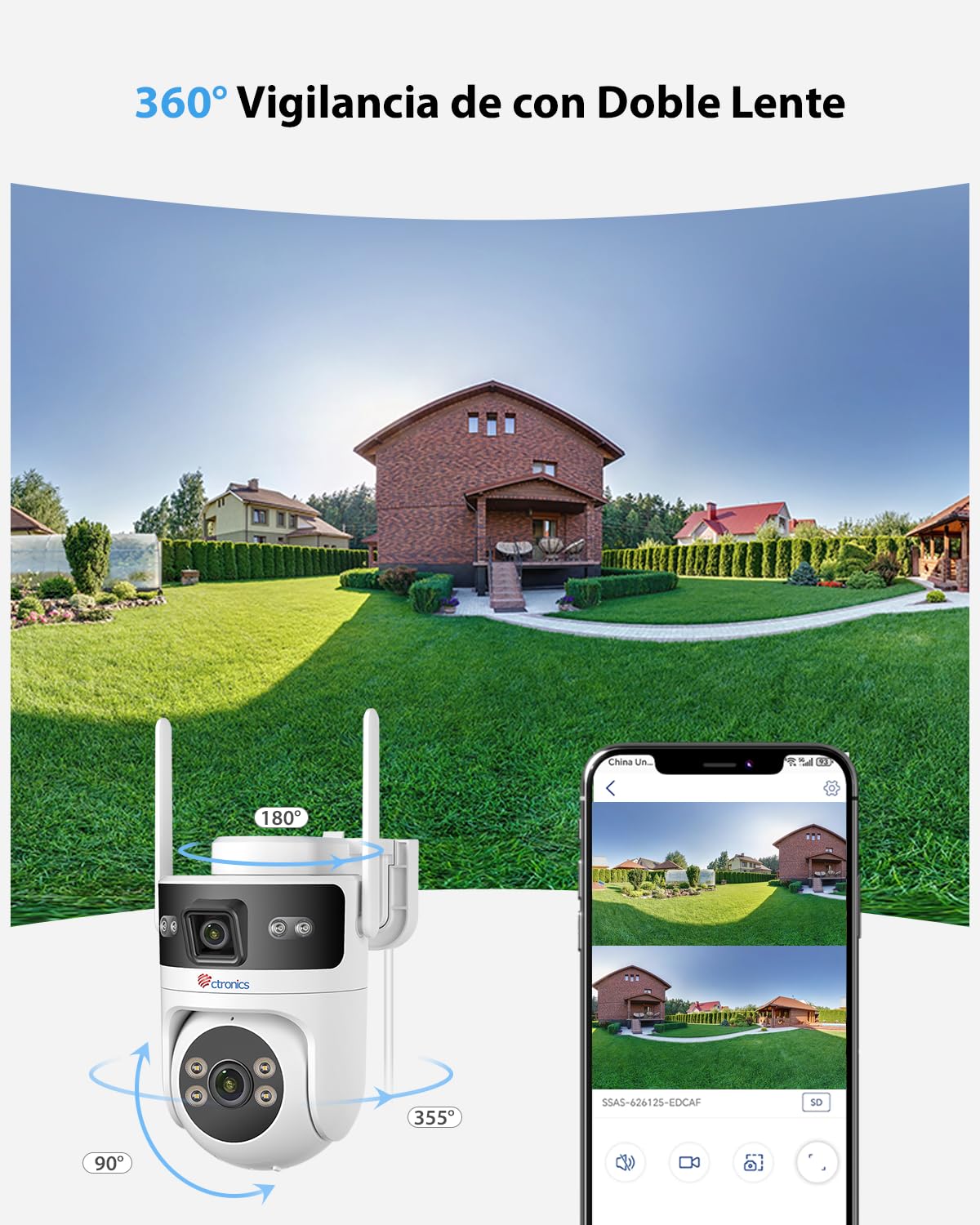 Ctronics Camara Vigilancia WiFi Exterior con Doble Lentes | 2.4/5GHz Cámara IP, PoE Camaras con Detección Humana & Seguimiento Automático, Visión Nocturna Color, PC/Cloud/TF, IP66
