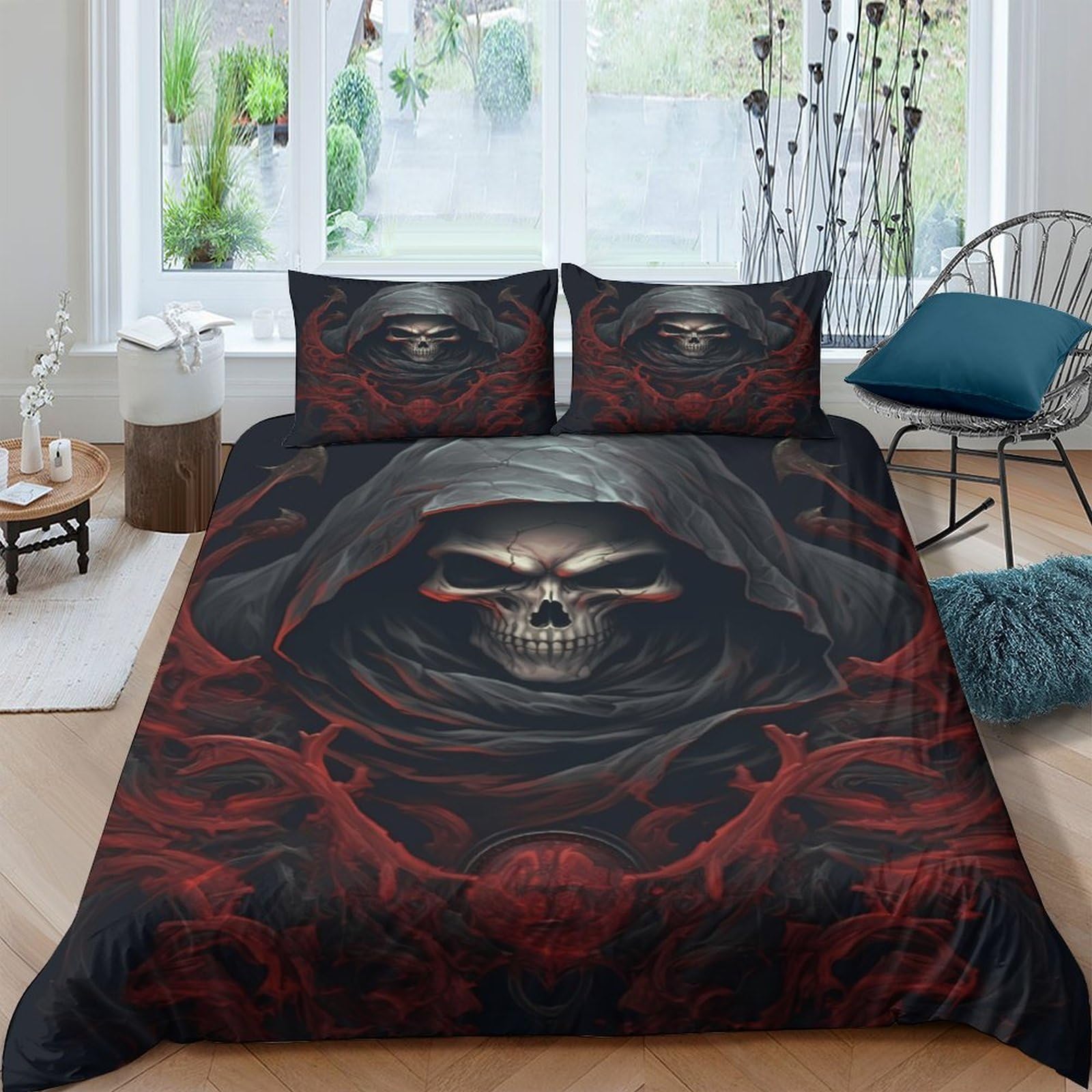 GPLZQXKJNH 3D Printed Grim Reaper Duvet Cover Set Microfiber Soft Breathable Skull Bedding Set with 2 Pillowcases for Bedroom Decor Single（135x200cm）