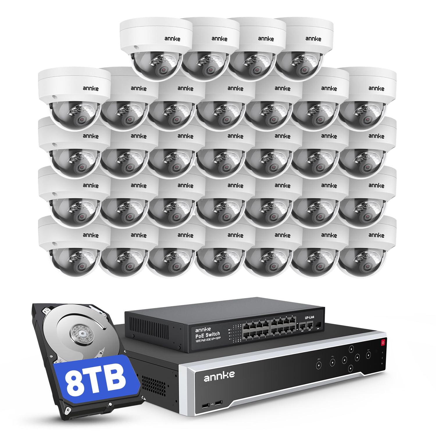 ANNKE 32CH 4K PoE Überwachungskamera für den Außenbereich, Videoüberwachungs Set H.265+ NVR und 32x 8MP Dom IP-Kamera, Bewegungserkennung, IP67 wasserdicht, Nachtsicht 100ft, Alarm per E-Mail, 8TB HDD