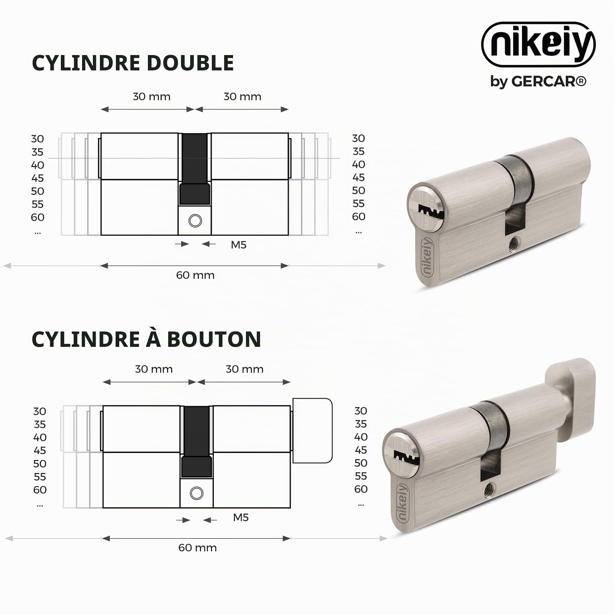 GERCAR Lot de 4 cylindres profilés Pro - 30/30 - Massifs - Serrure à cylindre double - En laiton mat - Avec 10 clés - Clé réversible - Longueur : 60 mm, A : 30 B : 30 - 4 x