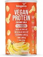 Vegan Protein coconut milk, 21g de proteína ervilha e arroz, GMO Free, Glutamina, HMB, EAAs, Vitaminas B Metil, 450g, Biogens (Banana)