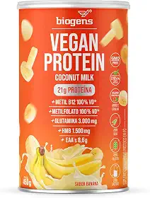 Vegan Protein coconut milk, 21g de proteína ervilha e arroz, GMO Free, Glutamina, HMB, EAAs, Vitaminas B Metil, 450g, Biogens (Banana)