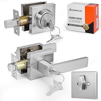 Keyed Alike Combo Set Entry Door Lever Lock Set with Same Keys & Single Cylinder Deadbolt,Heavy Duty Square Door Handle Lockset,for Front Door, Bedroom & Office,Brushed Nickel